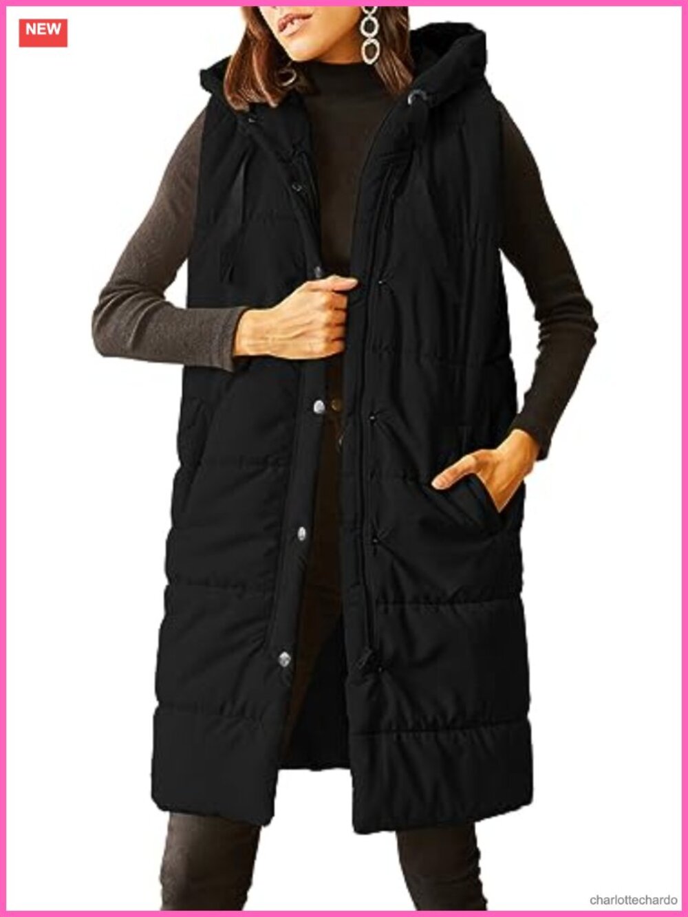 Women's Long Quilted Puffer Vest Sleeveless Hooded Button Down Padded Outerwear